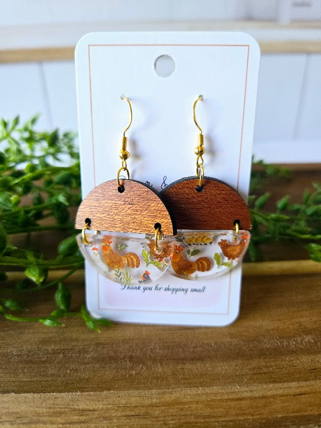 Chicken Acrylic & Wood Circle Earrings.