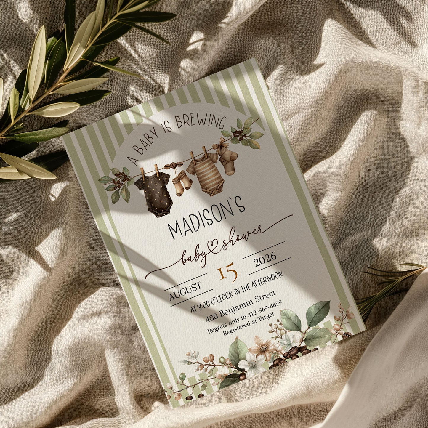 Baby is Brewing Hanging Cloths Line Shower Invitation