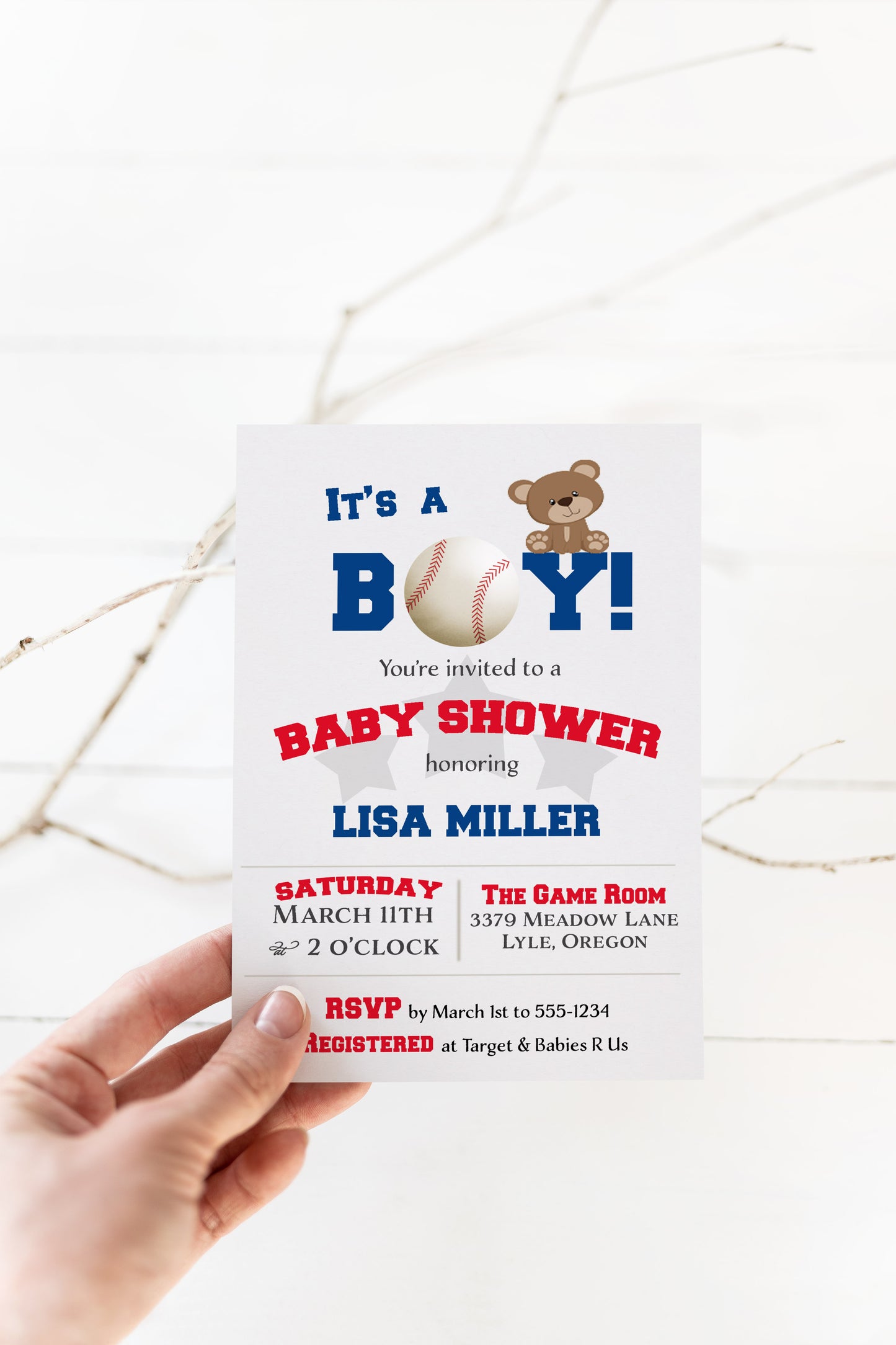 Baseball Bear Cub Boy Baby Shower Invitation