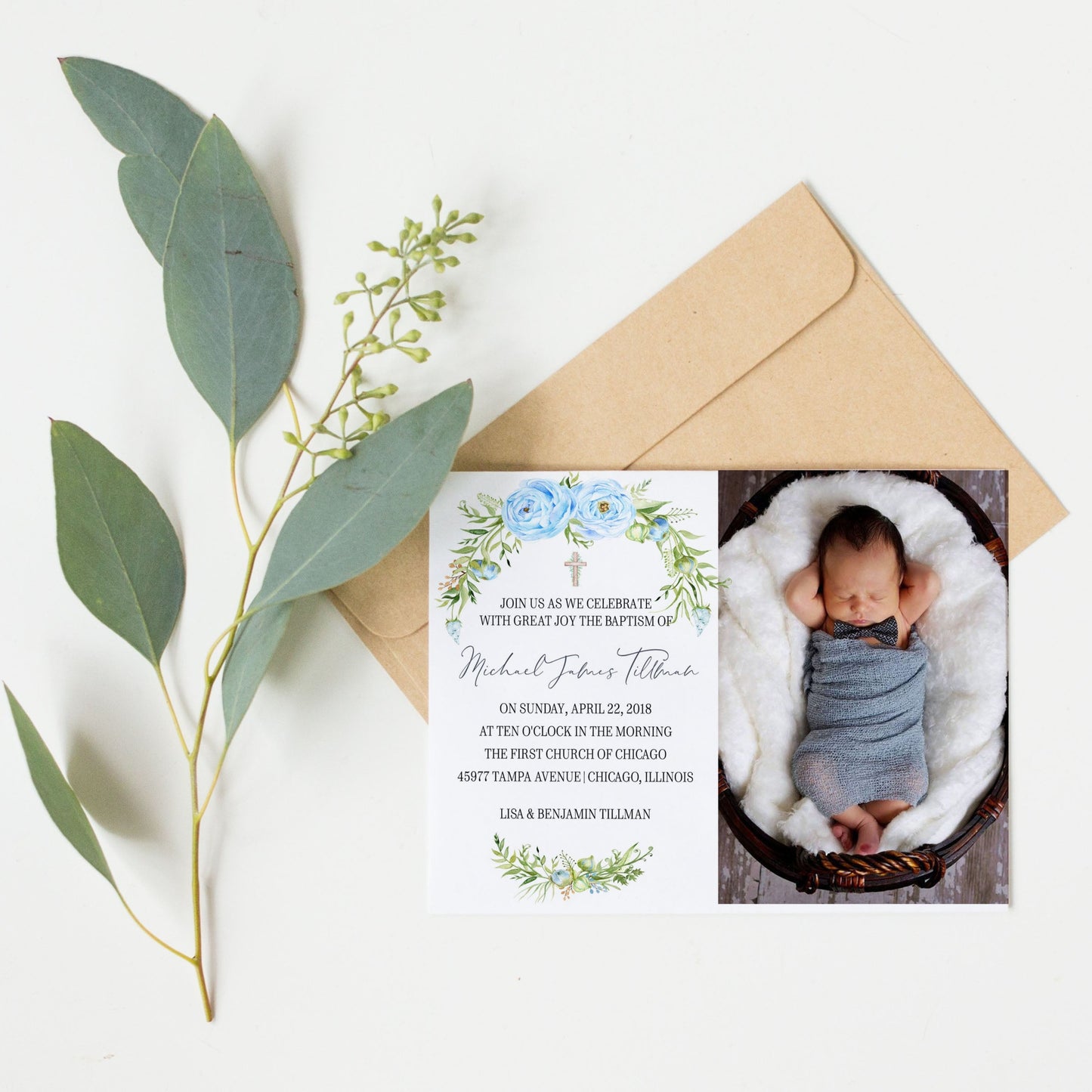 Floral Boy Baptism Christening Photo Invitation