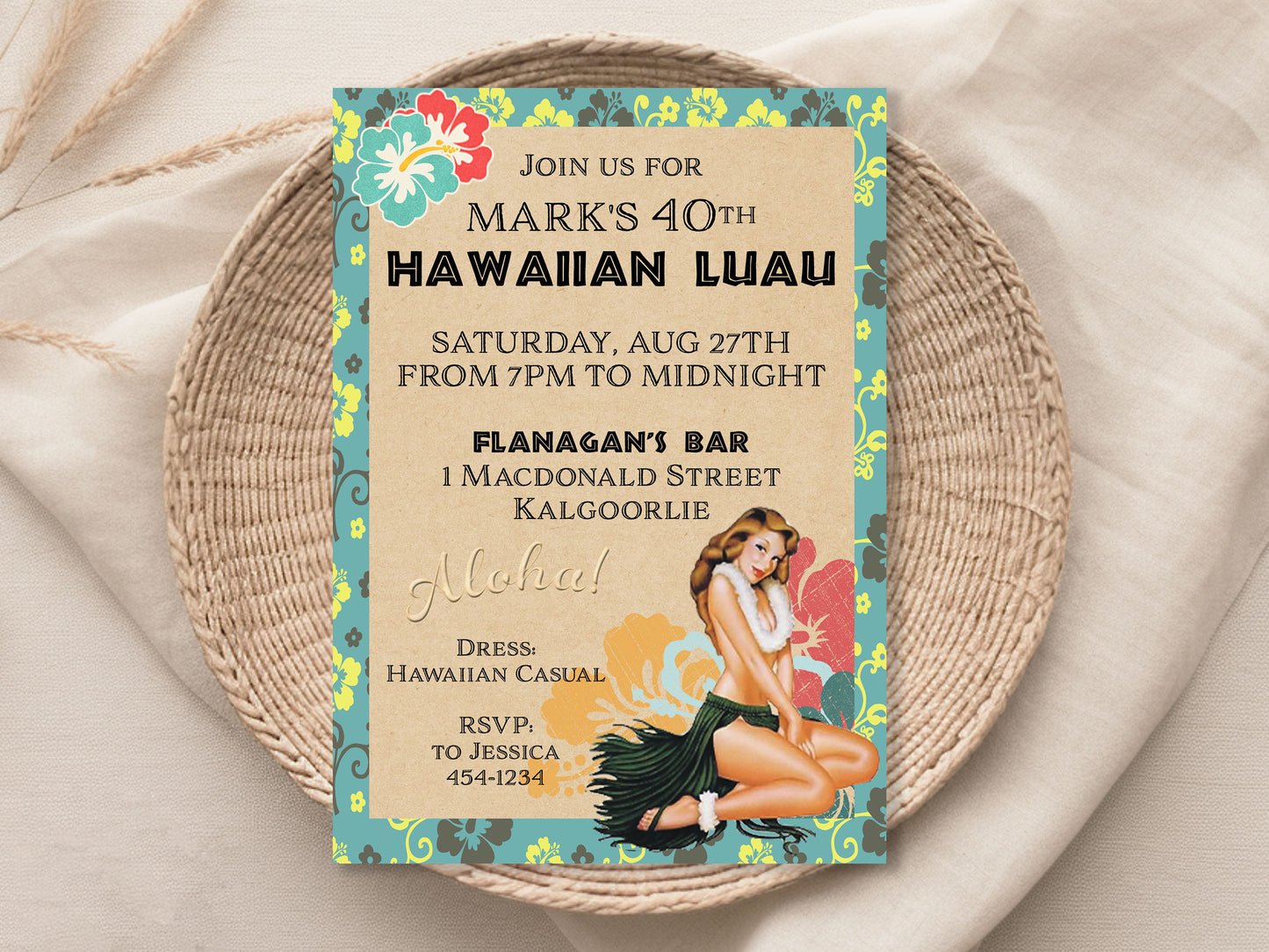Hawaiian Luau Retro Pin Up Girl Adult Birthday Invitation