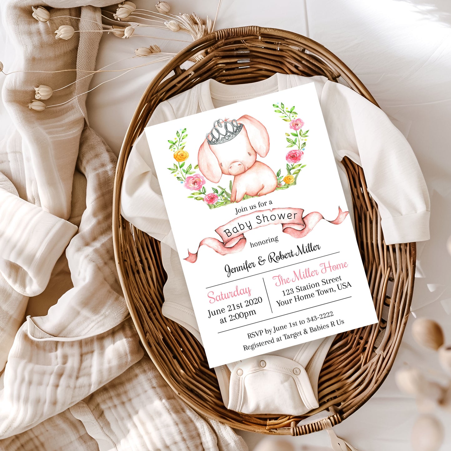 Princess Pig Floral Pink Baby Shower Invitation