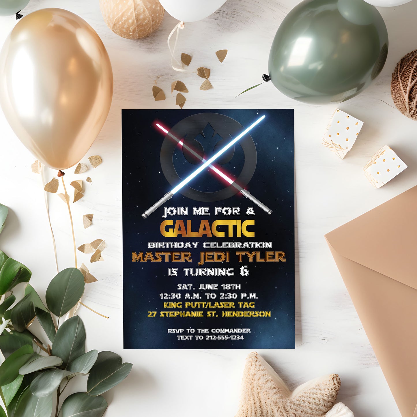 Galactic Space Star Wars Light Saber Birthday Invitation