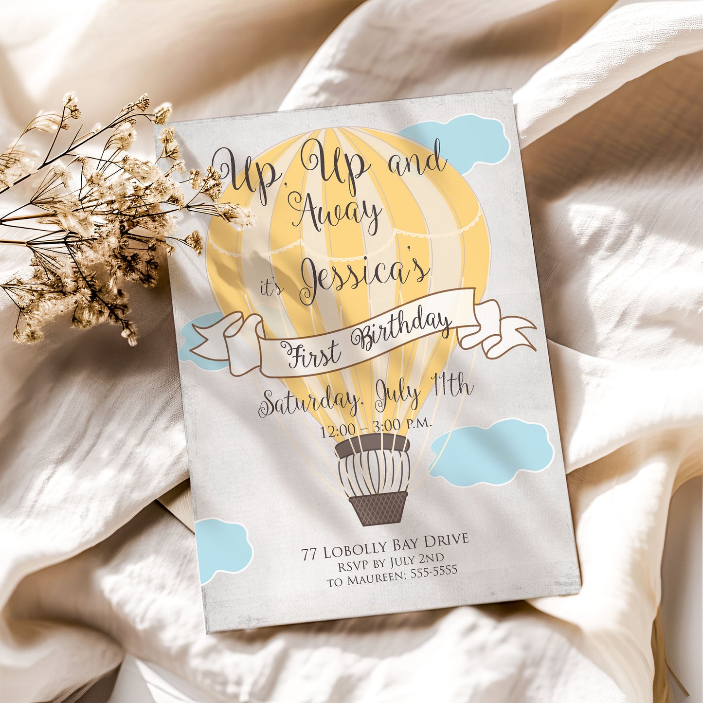 Hot Air Balloon Custom Color First Birthday Invitation