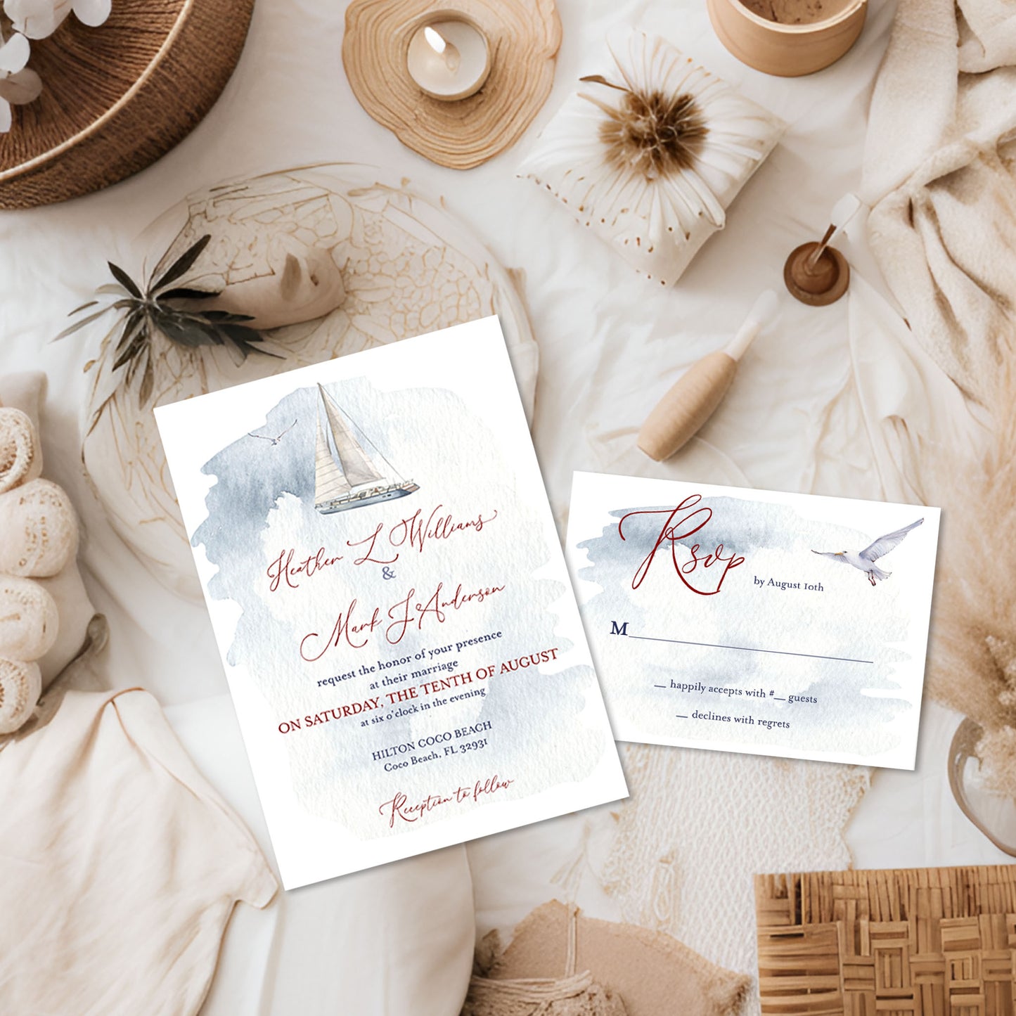 Watercolor Nautical SailBoat Wedding Invitation
