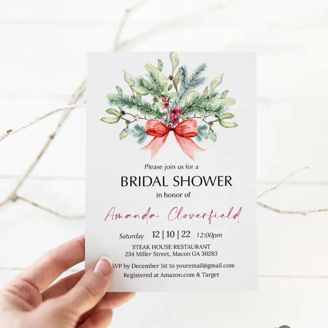 Christmas Red Bow Floral Bridal Shower Invitation - Premium from Sugar and Spice Invitations - Just $1.95! Shop now at Sugar and Spice Paper