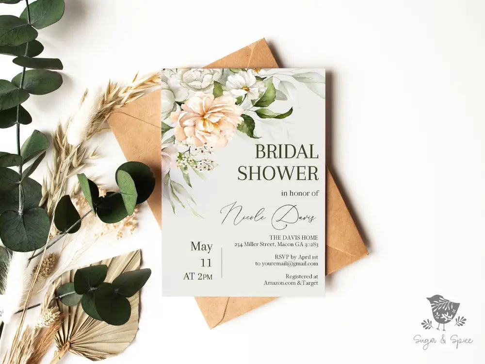Peach Floral Forest Green Bridal Shower Invitation - Premium from Sugar and Spice Invitations - Just $1.95! Shop now at Sugar and Spice Paper