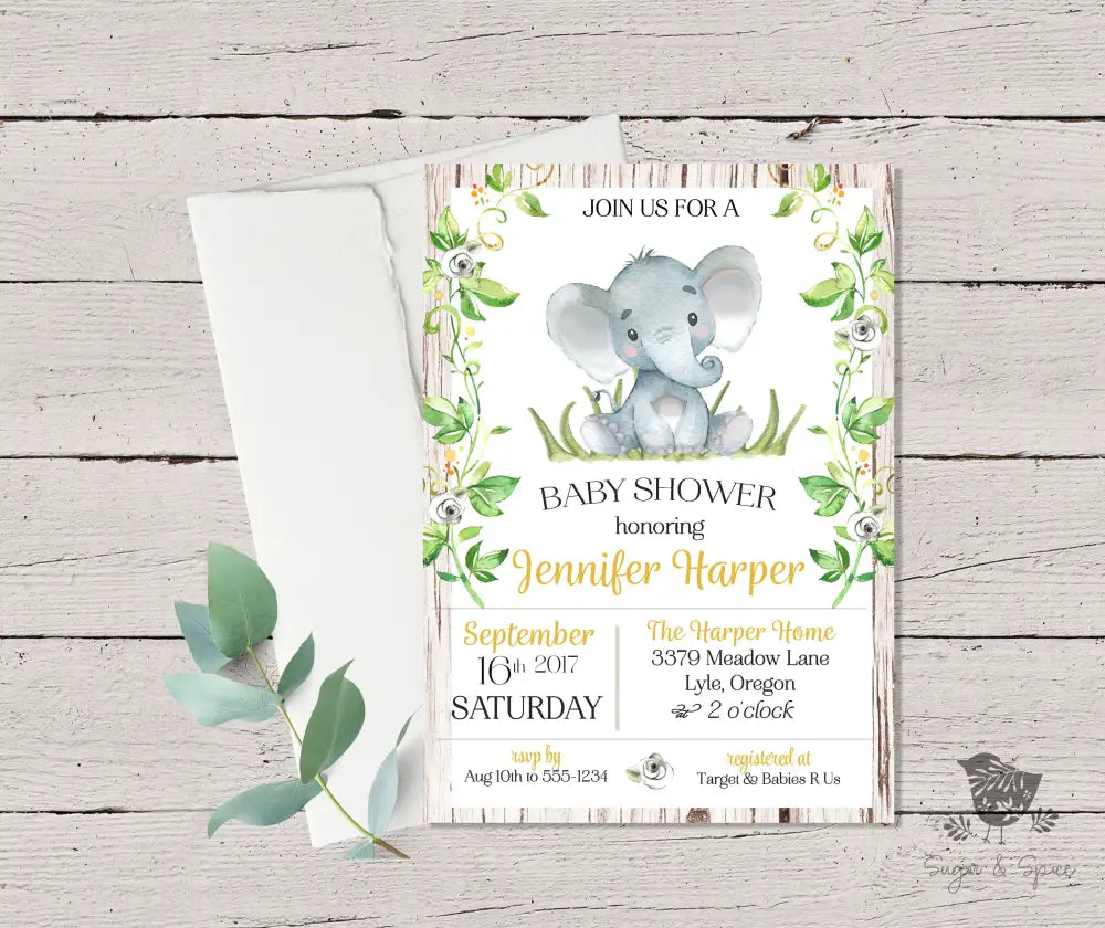 Rustic Elephant Baby Shower Invitation - Premium from Sugar and Spice Invitations - Just $1.95! Shop now at Sugar and Spice Paper