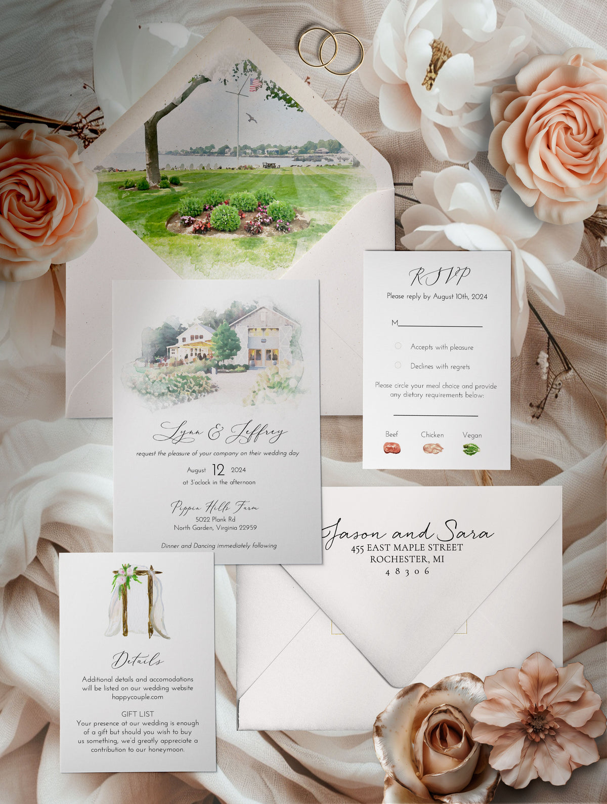 Beach style wedding invitation with watercolor painted image of the sandy beach, water and grasses