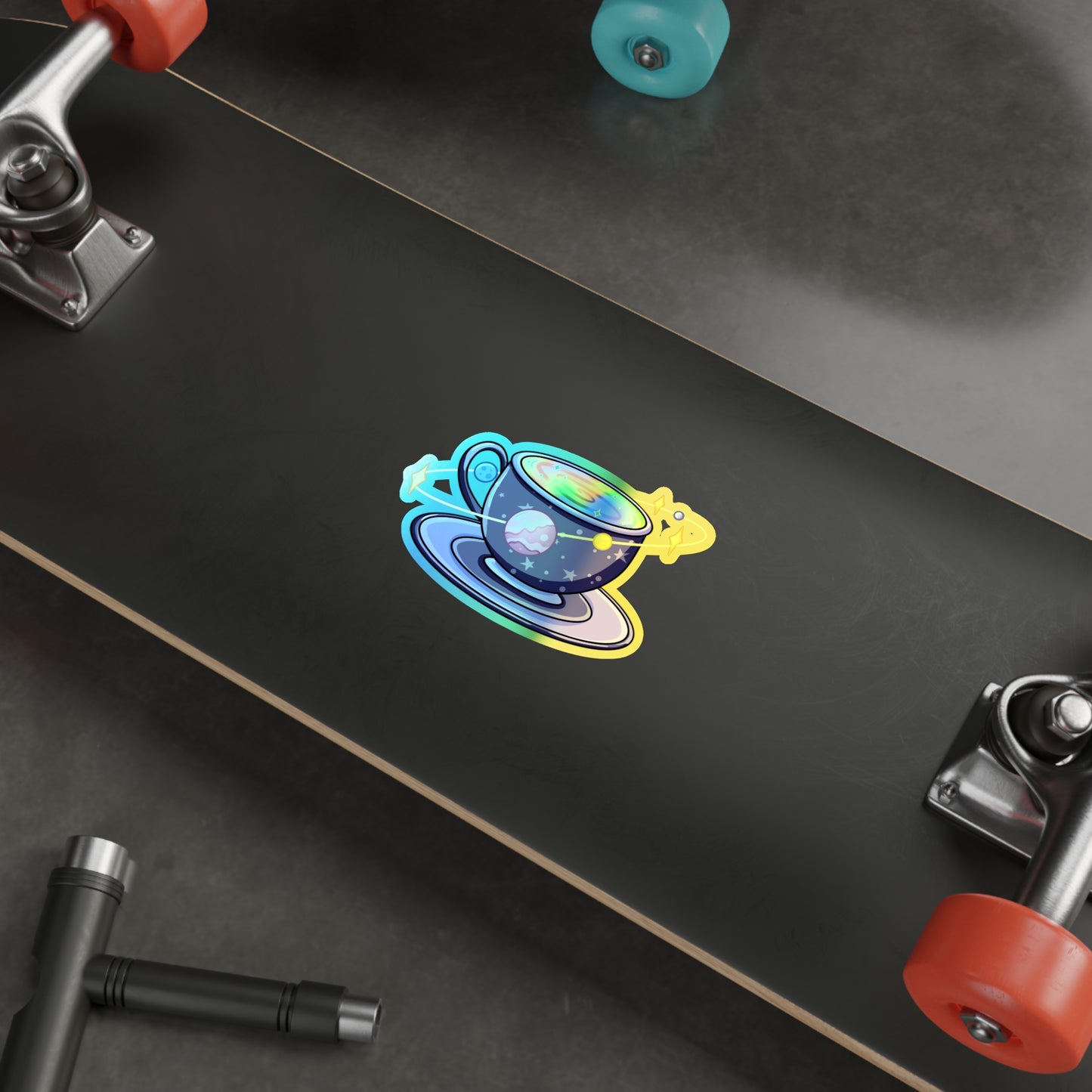 Holographic Space Tea Cup Stickers — Die-Cut Planet Tea