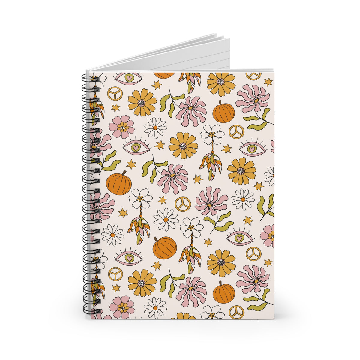 Floral Boho Spiral Notebook — Daisies, Pumpkins & Peace Sign Ruled Journal