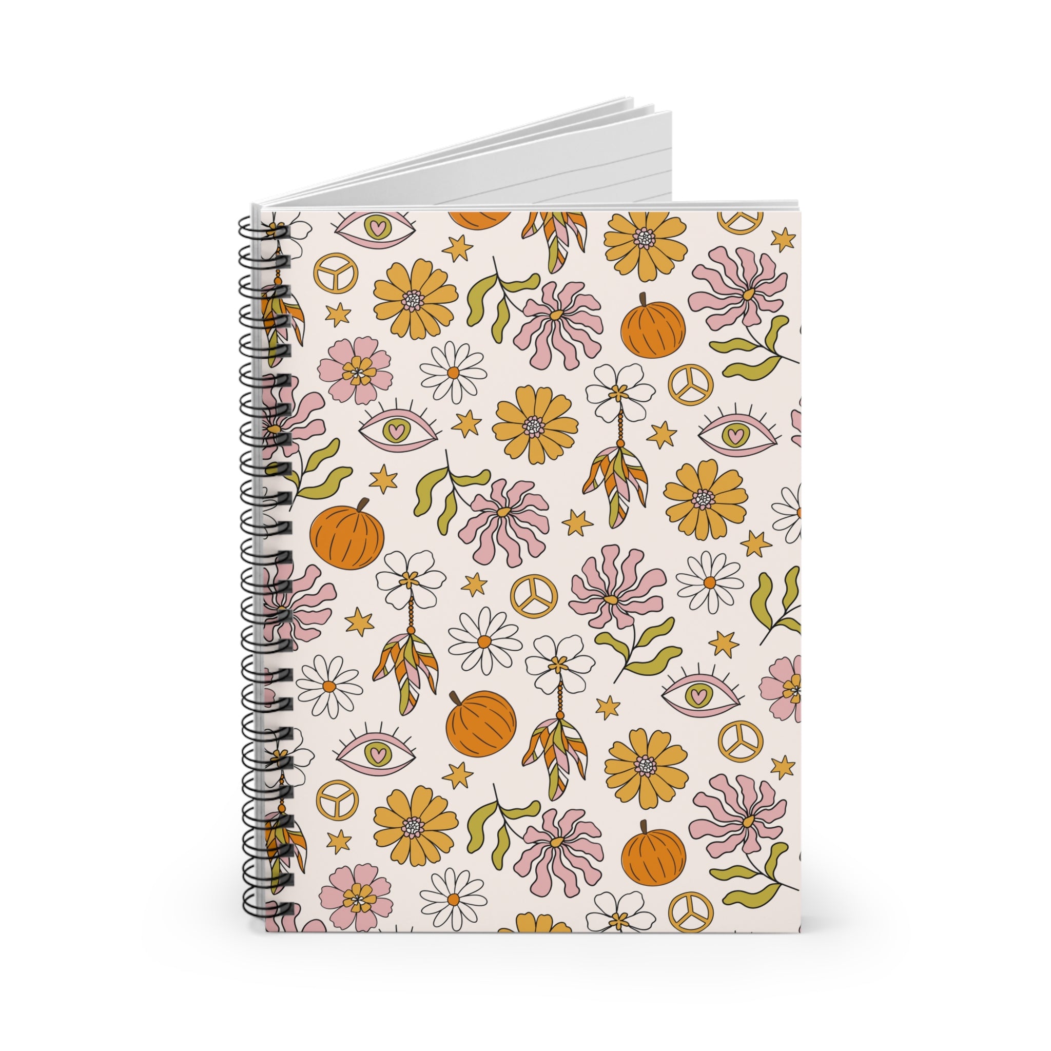 Floral Boho Spiral Notebook — Daisies, Pumpkins & Peace Sign Ruled Journal