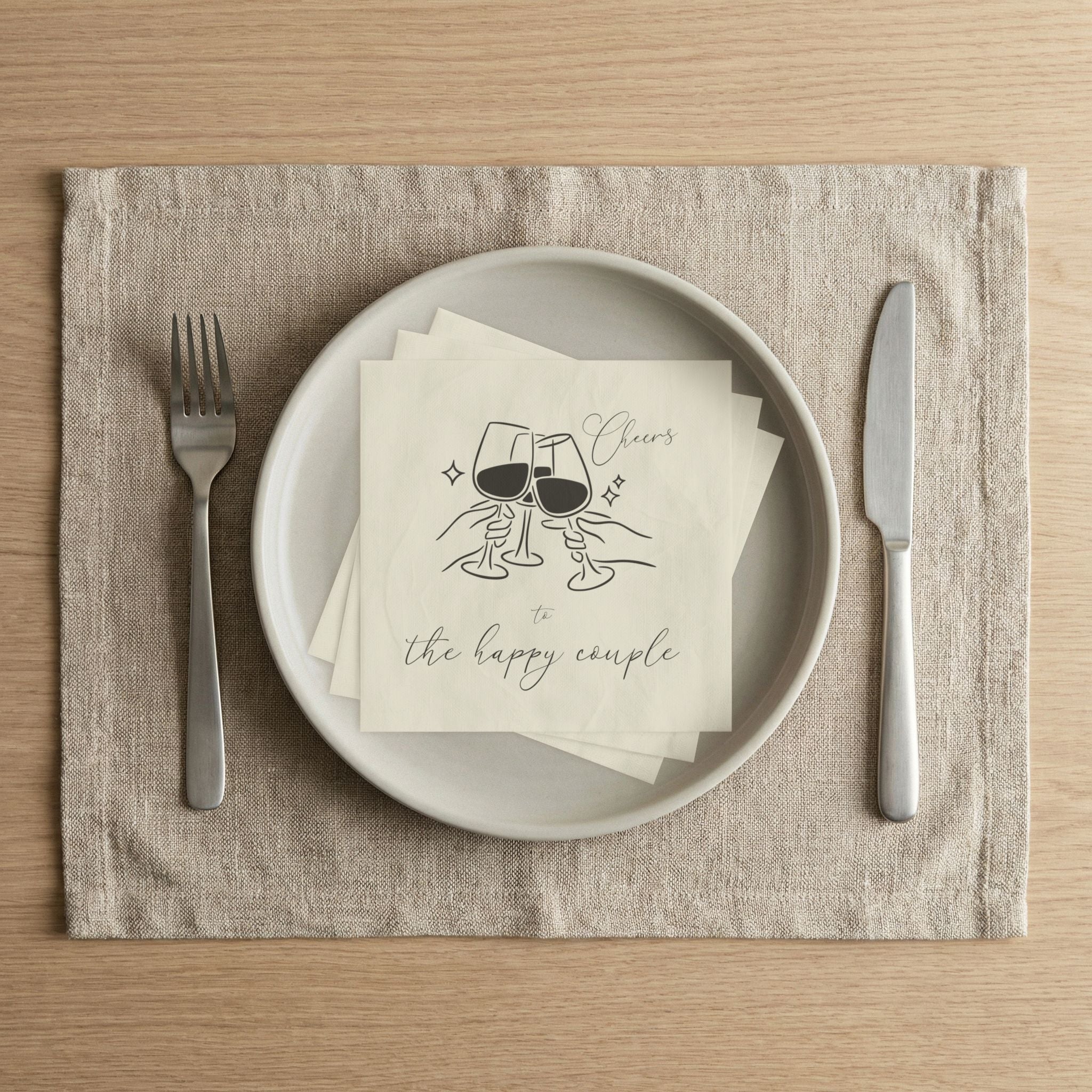 Cocktail Cheers Napkins — “Cheers to the happy couple” Wedding Cocktail Napkins