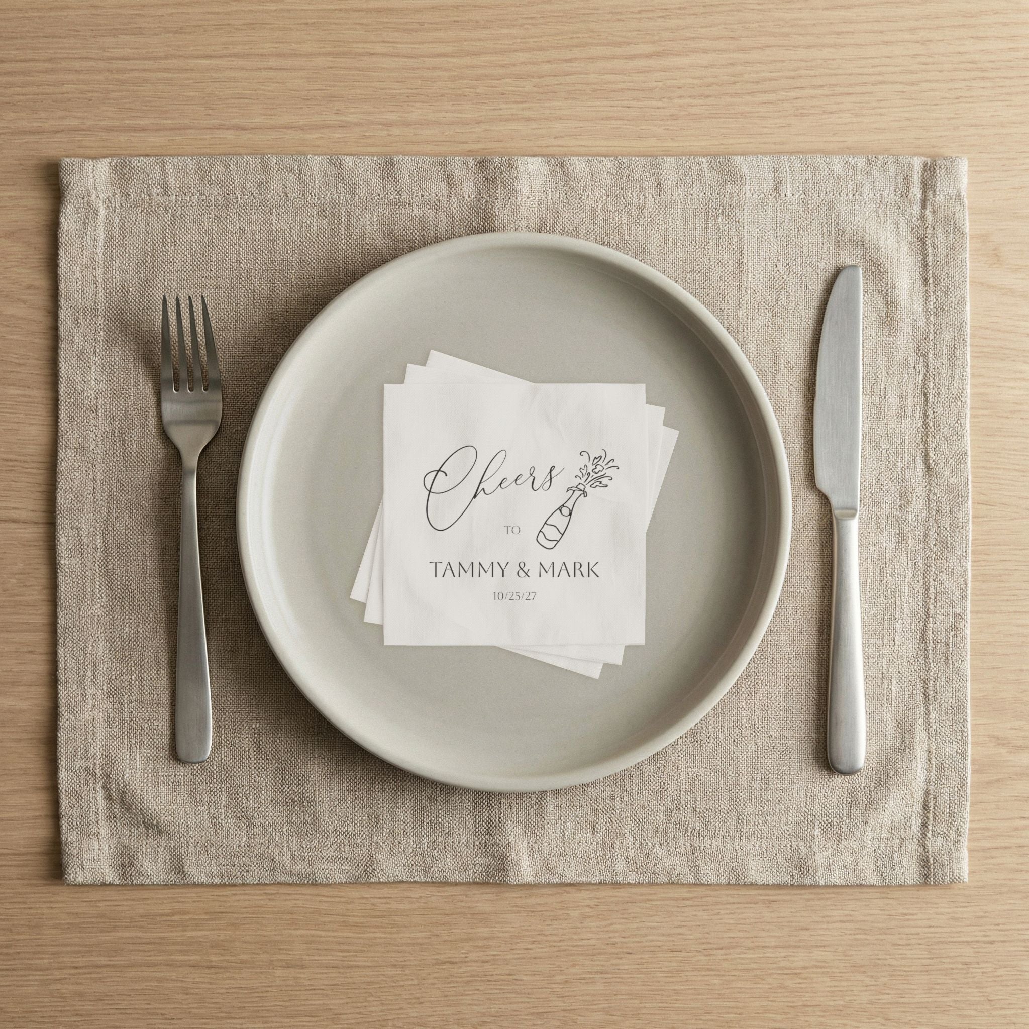 Let's Toast Napkins — Personalized Wedding Cocktail Napkins with Champagne Design