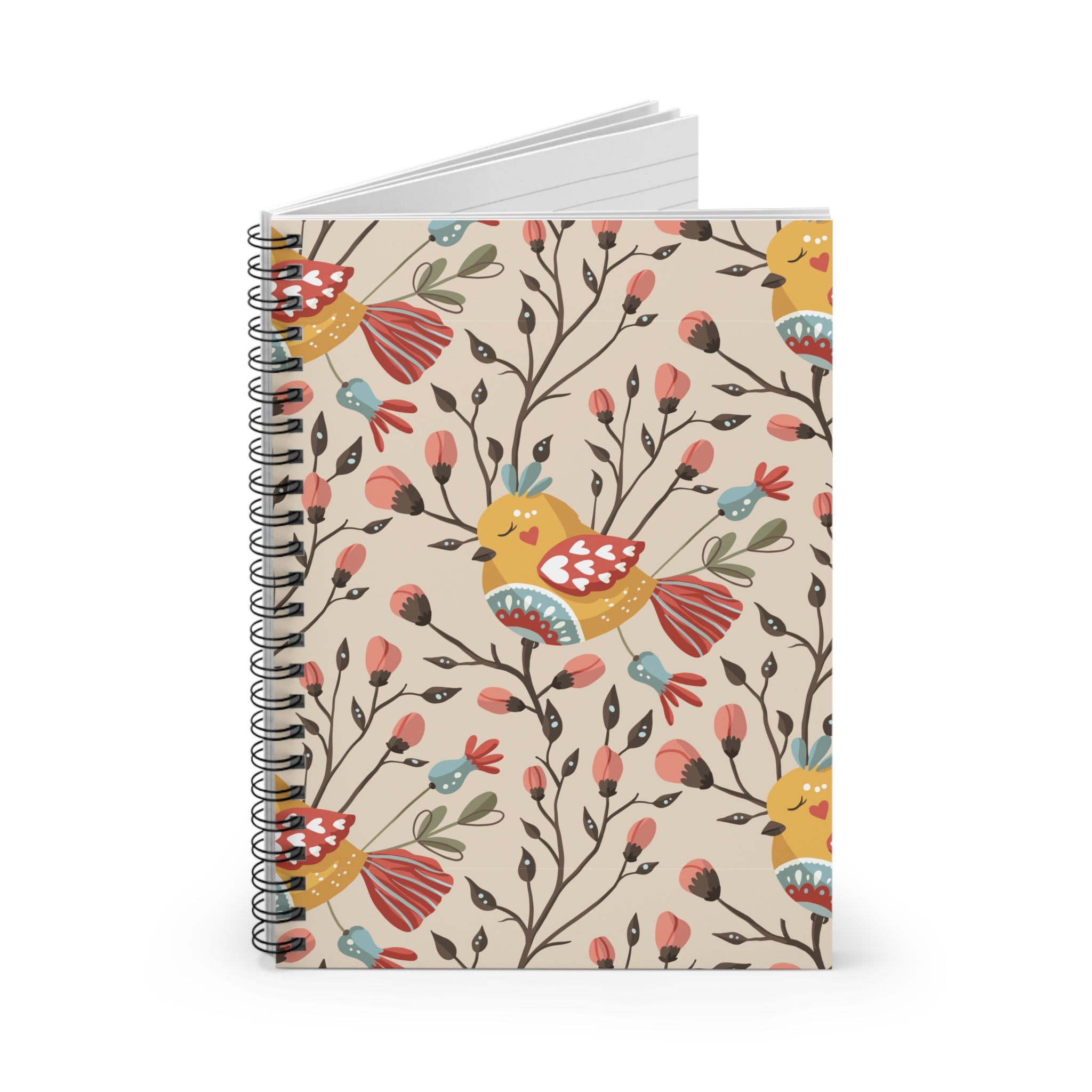 Floral Folk Art Bird Spiral Notebook — Ruled Lined Journal