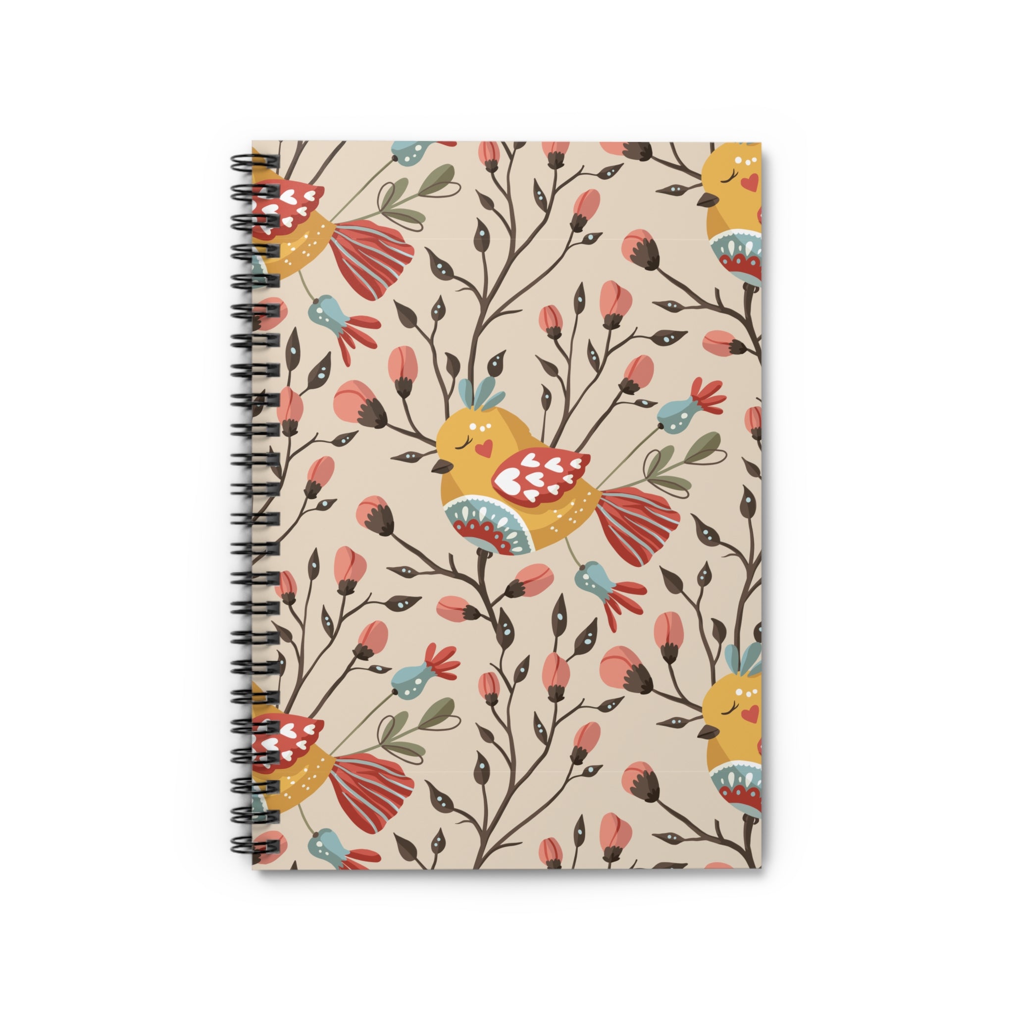 Floral Folk Art Bird Spiral Notebook — Ruled Lined Journal