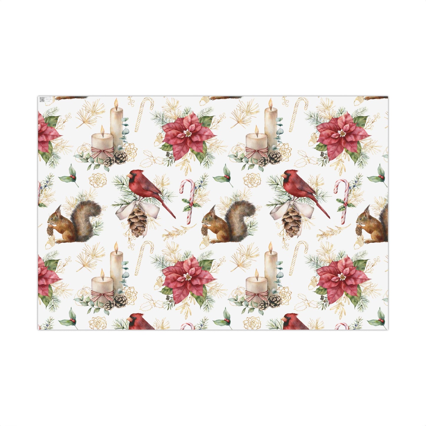 Holiday Woodland Gift Wrap Paper — Cardinal, Squirrel & Poinsettia Christmas Wrapping