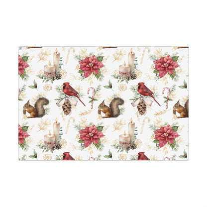 Holiday Woodland Gift Wrap Paper — Cardinal, Squirrel & Poinsettia Christmas Wrapping