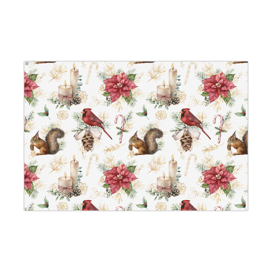 Holiday Woodland Gift Wrap Paper — Cardinal, Squirrel & Poinsettia Christmas Wrapping