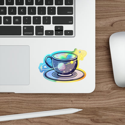 Holographic Space Tea Cup Stickers — Die-Cut Planet Tea