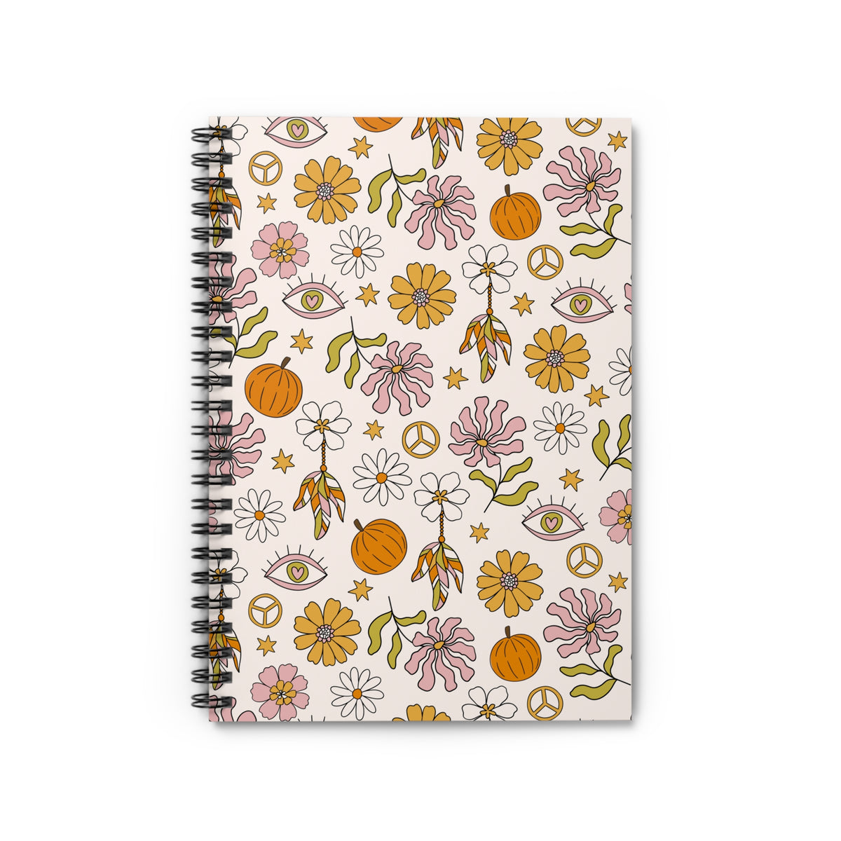 Floral Boho Spiral Notebook — Daisies, Pumpkins & Peace Sign Ruled Journal