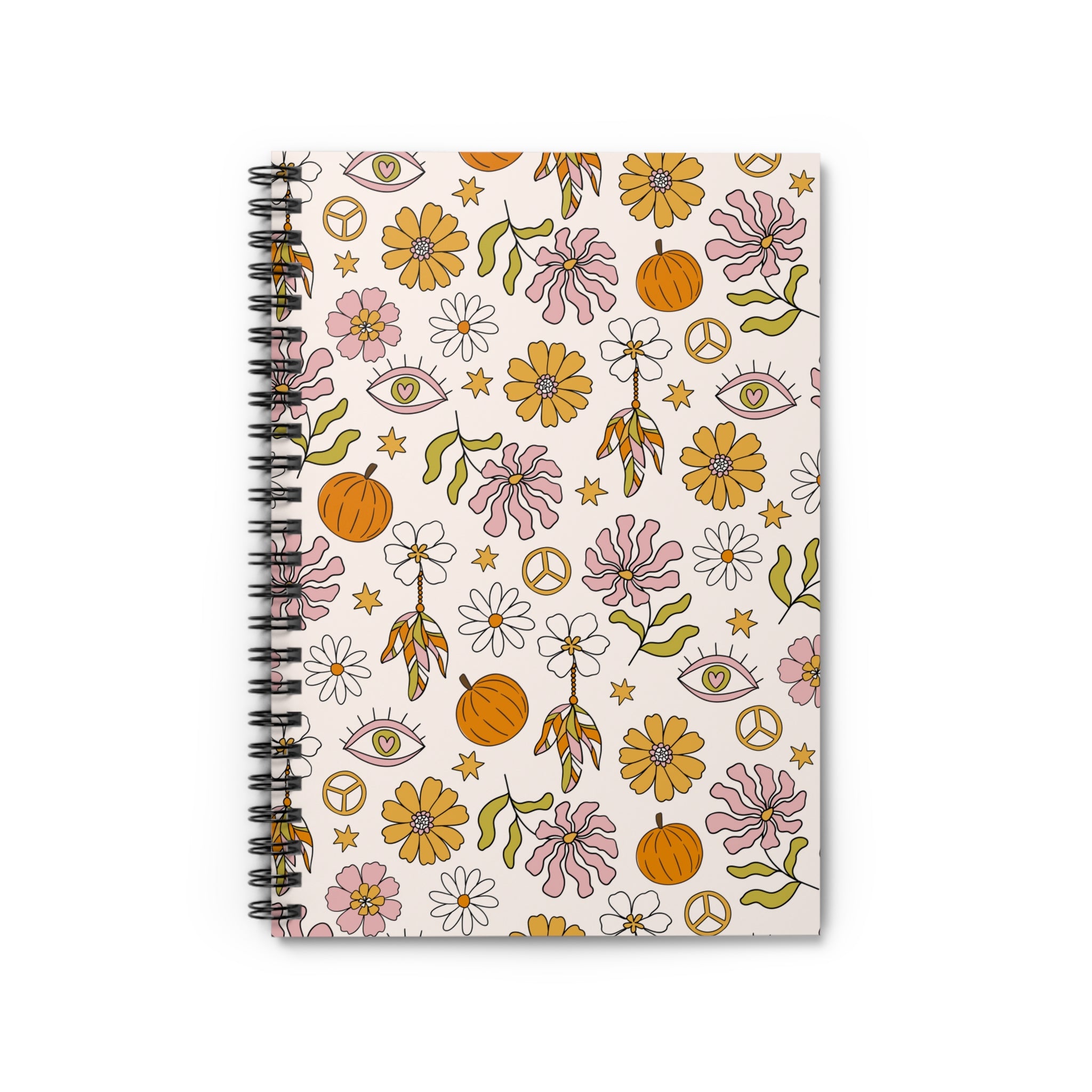 Floral Boho Spiral Notebook — Daisies, Pumpkins & Peace Sign Ruled Journal