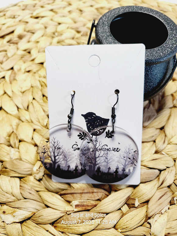 Halloween Acrylic Round Cemetery Earrings Costume Jewerly