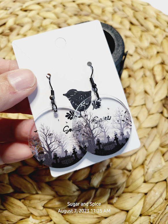 Halloween Acrylic Round Cemetery Earrings Costume Jewerly