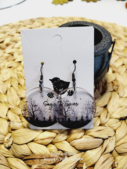 Halloween Acrylic Round Cemetery Earrings Costume Jewerly