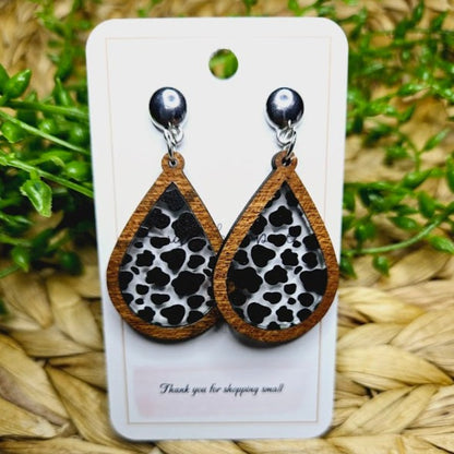Cow Pattern Western Inlay Teardrop Earrings