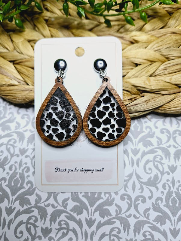 Cow Pattern Western Inlay Teardrop Earrings