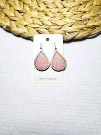 Retro Orange and Pink Swirl Wood Inlay Teardrop Earrings