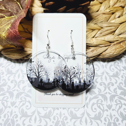 Halloween Acrylic Round Cemetery Earrings Costume Jewerly