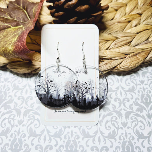 Halloween Acrylic Round Cemetery Earrings Costume Jewerly