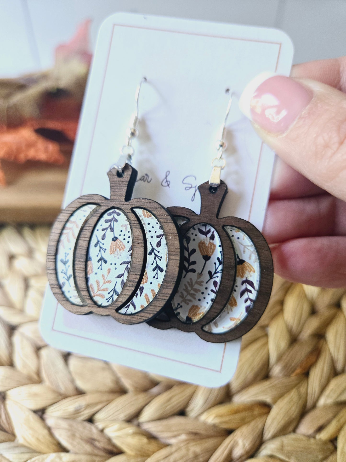 Floral fall pumpkin wood inlay Earrings