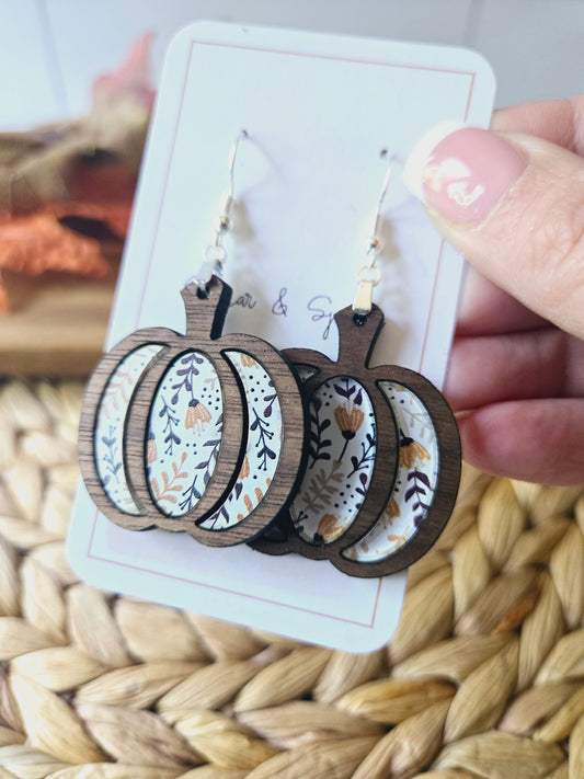 Floral fall pumpkin wood inlay Earrings