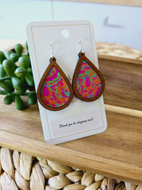 Retro Orange and Pink Swirl Wood Inlay Teardrop Earrings