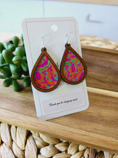 Retro Orange and Pink Swirl Wood Inlay Teardrop Earrings