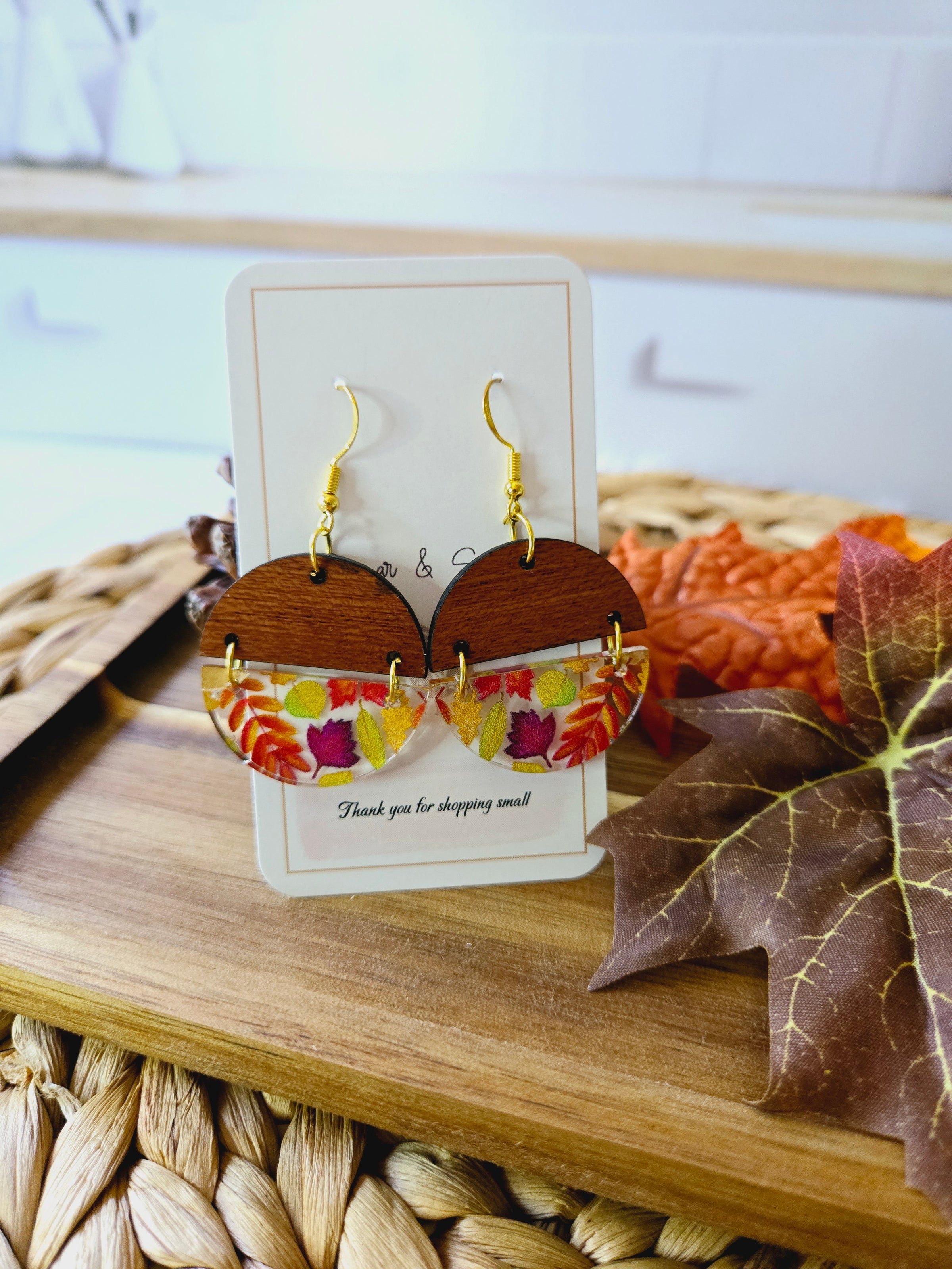 Fall Leaves & Wood Earrings