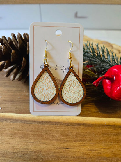 Gold Modern Pattern Wood Inlay Teardrop Earrings