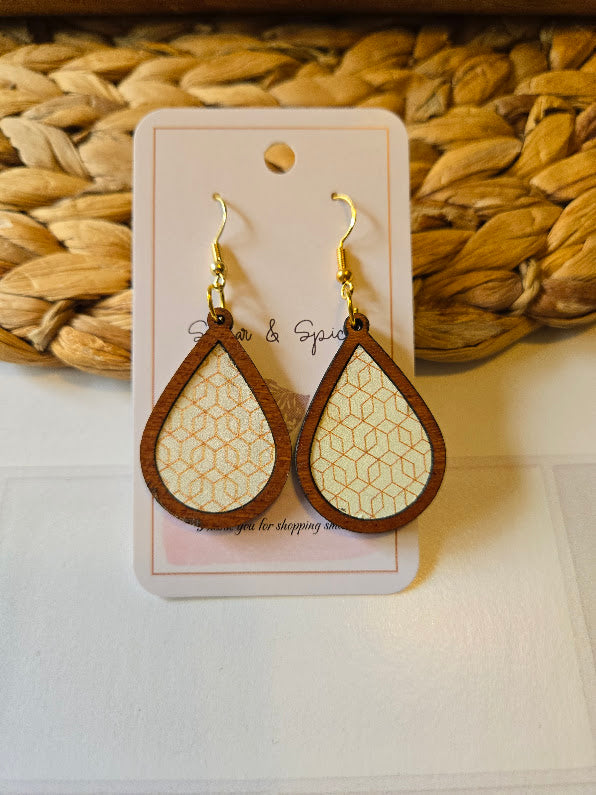 Gold Modern Pattern Wood Inlay Teardrop Earrings