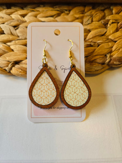 Gold Modern Pattern Wood Inlay Teardrop Earrings