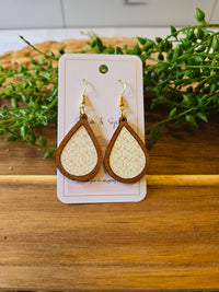 Gold Modern Pattern Wood Inlay Teardrop Earrings