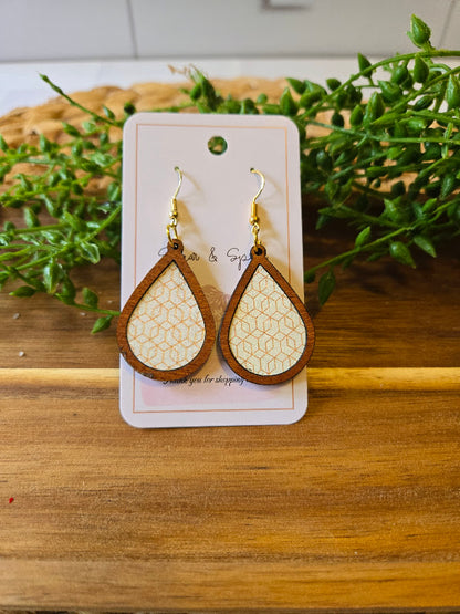 Gold Modern Pattern Wood Inlay Teardrop Earrings
