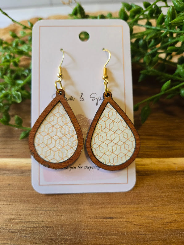 Gold Modern Pattern Wood Inlay Teardrop Earrings