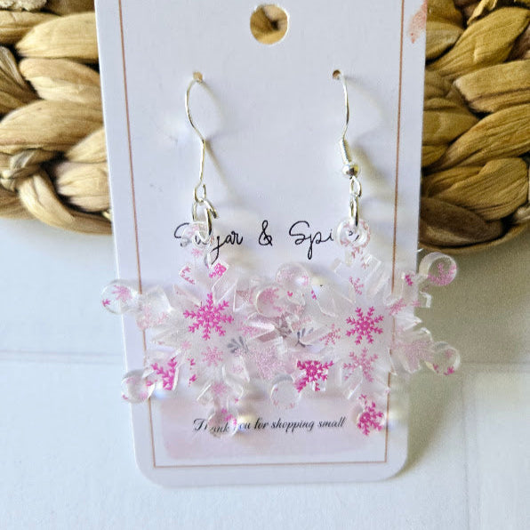 Pink Snowflake Frosted Acrylic Dangle Earrings