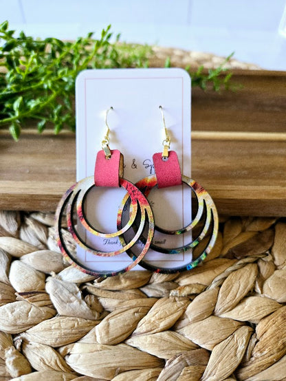 Colorful Rainbow Hoops with Pink Leather Dangle Earrings