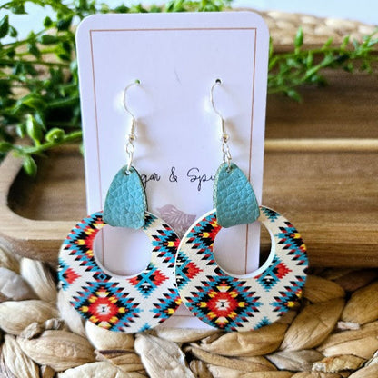 Turquoise Western Tribe with Leather Dangle Earrings