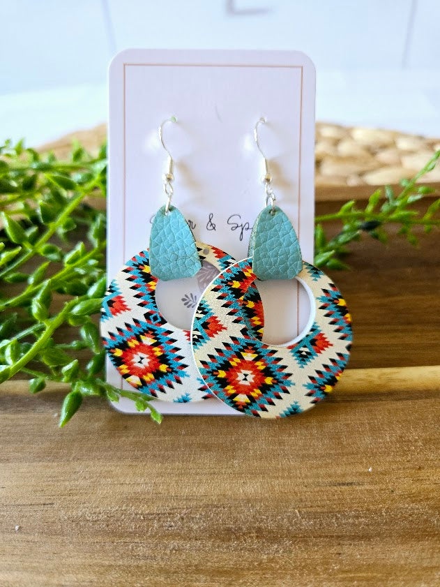Turquoise Western Tribe with Leather Dangle Earrings