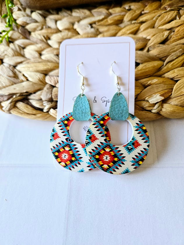 Turquoise Western Tribe with Leather Dangle Earrings
